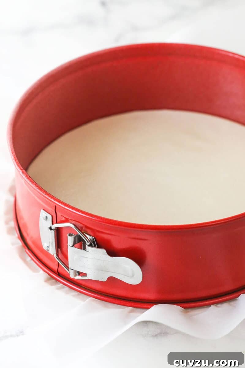 Preparing Springform Pan for Crustless Cheesecake Hands carefully lining the bottom of a springform pan with parchment paper, allowing for an overhang on the sides.