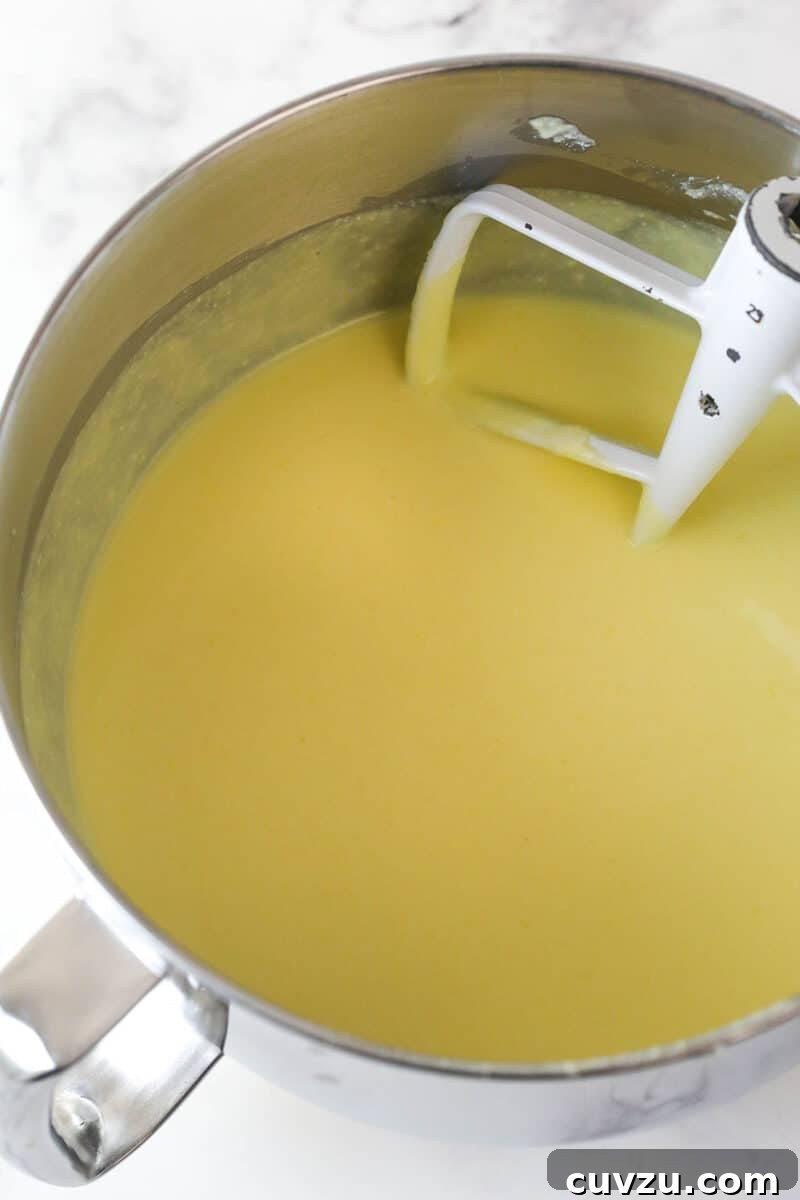 Mixing Ricotta Cheesecake Batter A stand mixer blending eggs into the ricotta cheese mixture until fully combined.