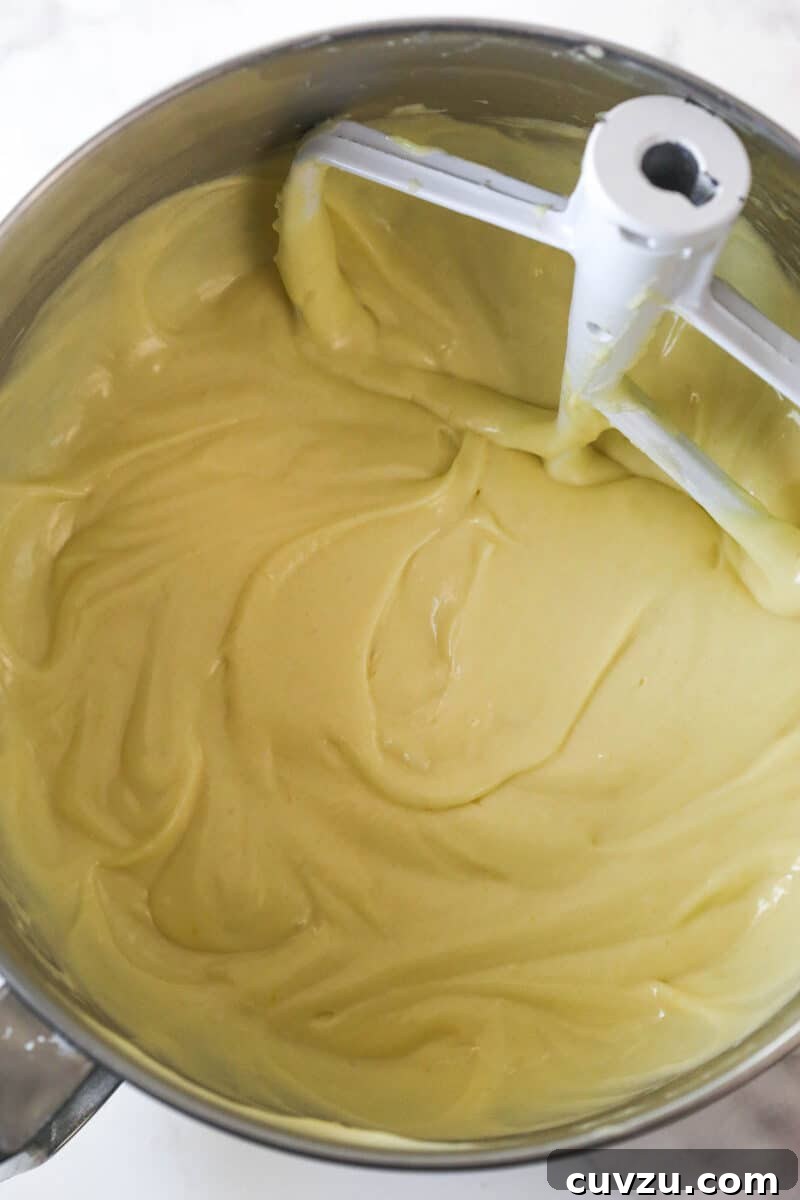 Tropical Delight Cake 9 The final cake batter in a mixing bowl after all dry ingredients and coconut milk have been added and mixed.