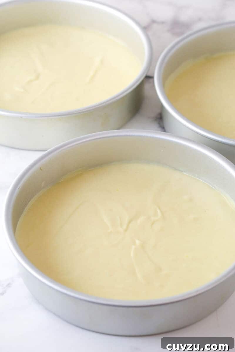 Tropical Delight Cake 10 Cake batter evenly divided into three 8-inch cake pans, ready for baking.