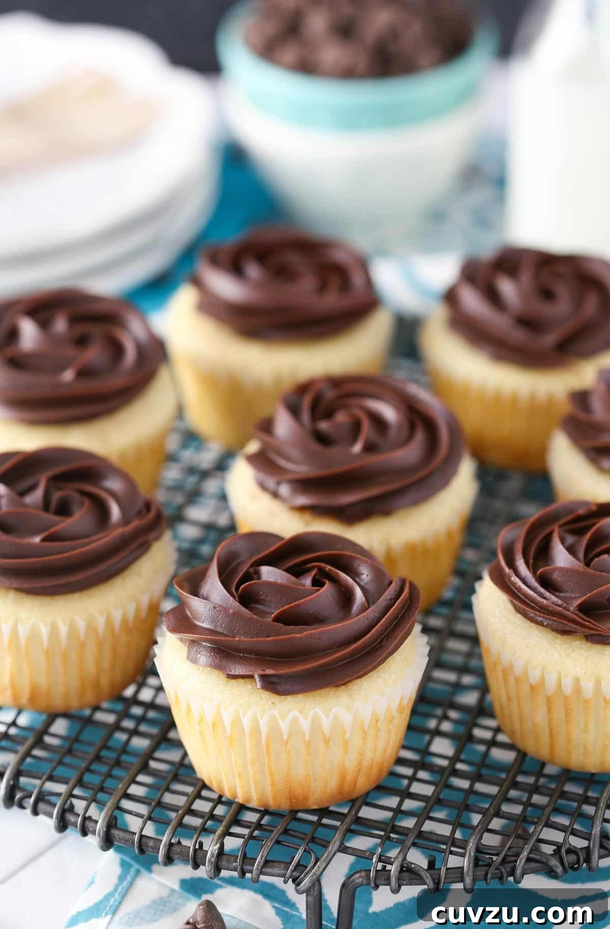 Decadent Boston Cream Cupcakes 6 A collection of Boston cream pie cupcakes neatly placed on a metal wire rack.