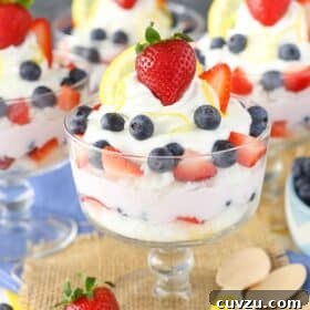 Side view of lemon berry yogurt trifles.