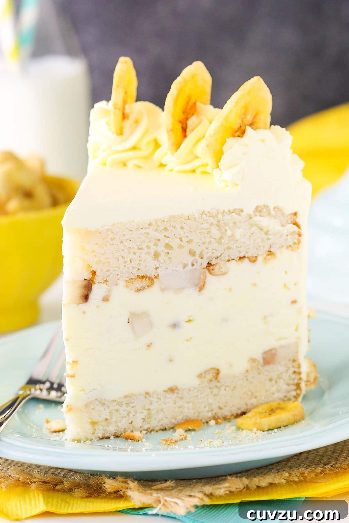 Banana Pudding Ice Cream Dream 2 Slice of banana pudding ice cream cake with vanilla wafers.