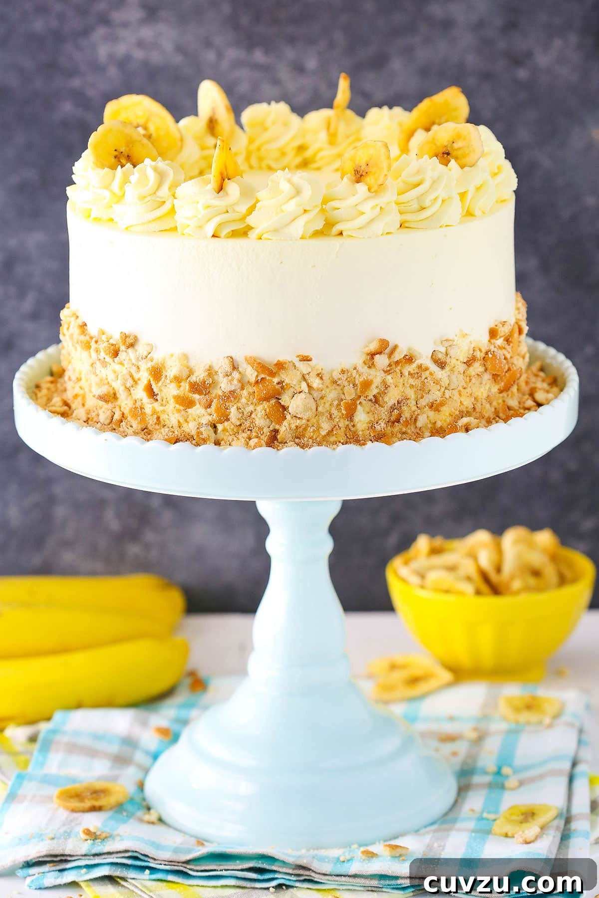Banana Pudding Ice Cream Dream 5 Banana ice cream cake on a stand.