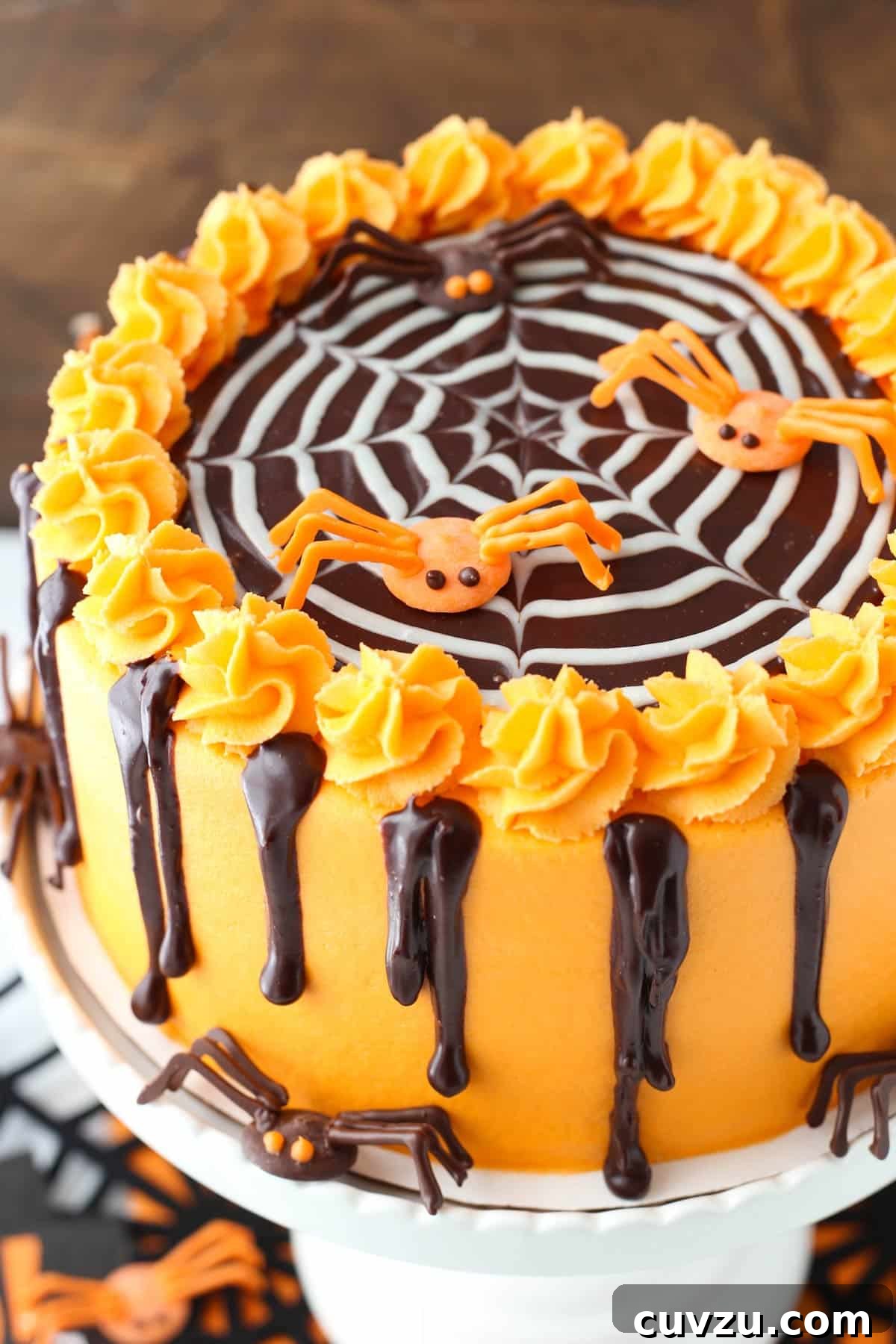 Haunted Web Chocolate Cake with Silky Vanilla Glaze 6 Overhead close-up of the spiderweb decoration on top of the chocolate cake, showcasing the detailed ganache work.