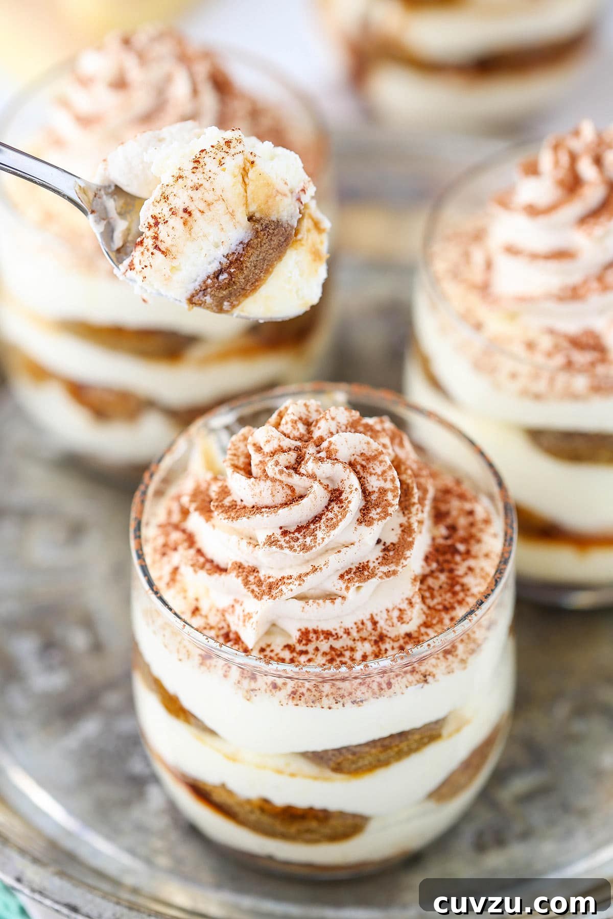 Tiramisu Bites 2 A spoonful of tiramisu hovering above a trifle topped with Kahlua whipped cream and cocoa powder