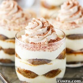 A close-up shot of a mini tiramisu trifle
