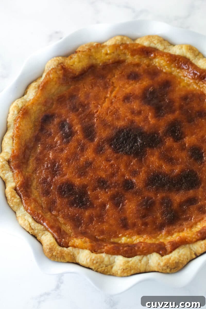 Perfectly salty and sweet, this Salted Honey Pie features a creamy custard-based filling in a classic butter pie crust. Overhead view of a baked honey pie