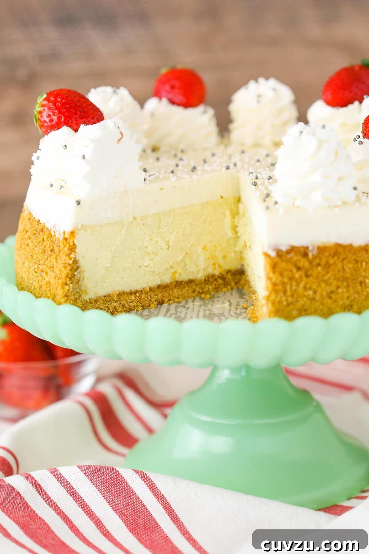 Velvet Vanilla Bean Cheesecake 5 A vanilla bean cheesecake with a slice removed to show internal layers.