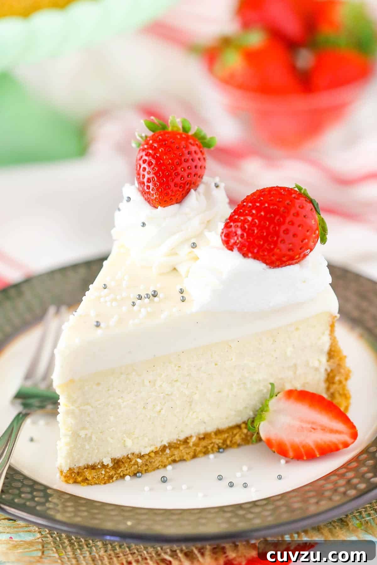 Velvet Vanilla Bean Cheesecake 6 Close up of a slice of vanilla bean cheesecake on a small plate.