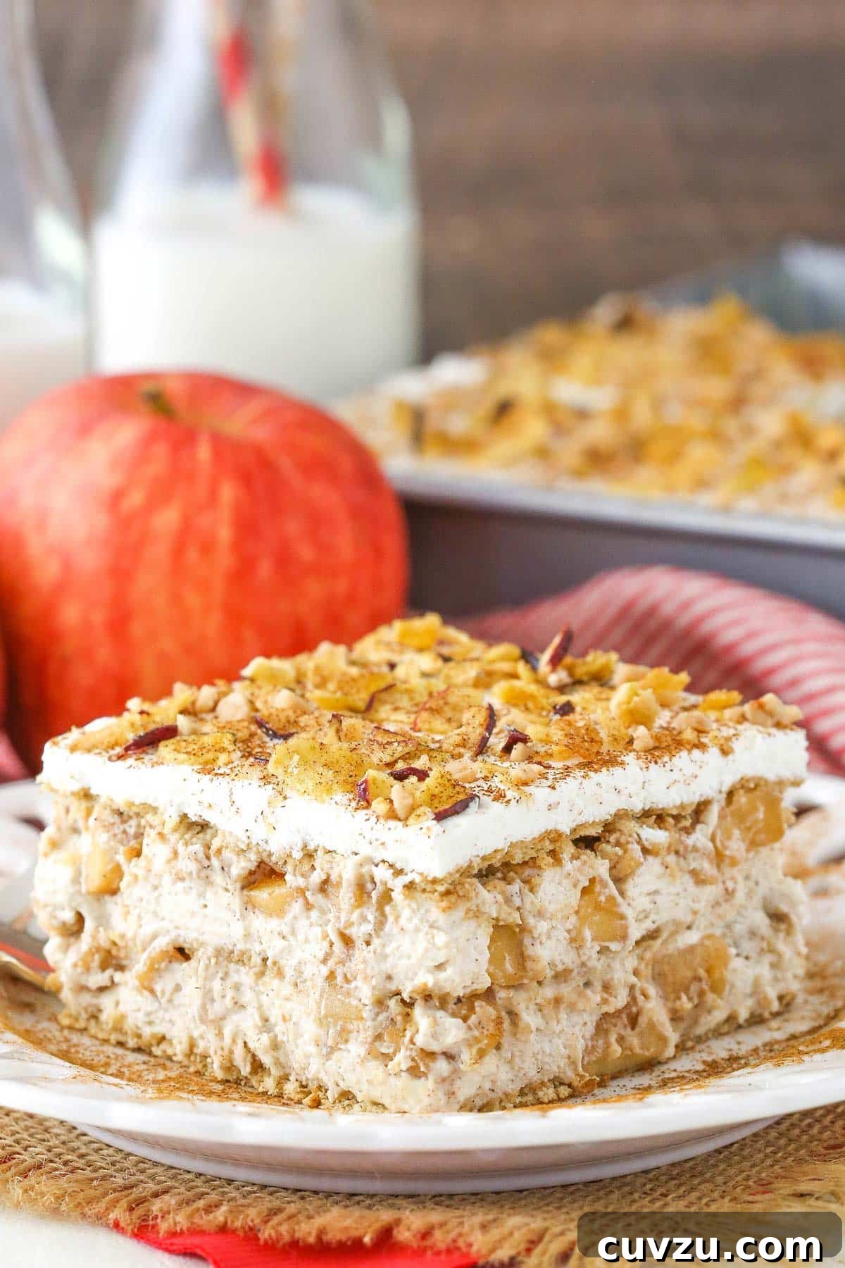 Spiced Apple No-Bake Delight 3 Close-up of a slice of Cinnamon Apple Icebox Cake, highlighting the creamy mousse and apple layers.
