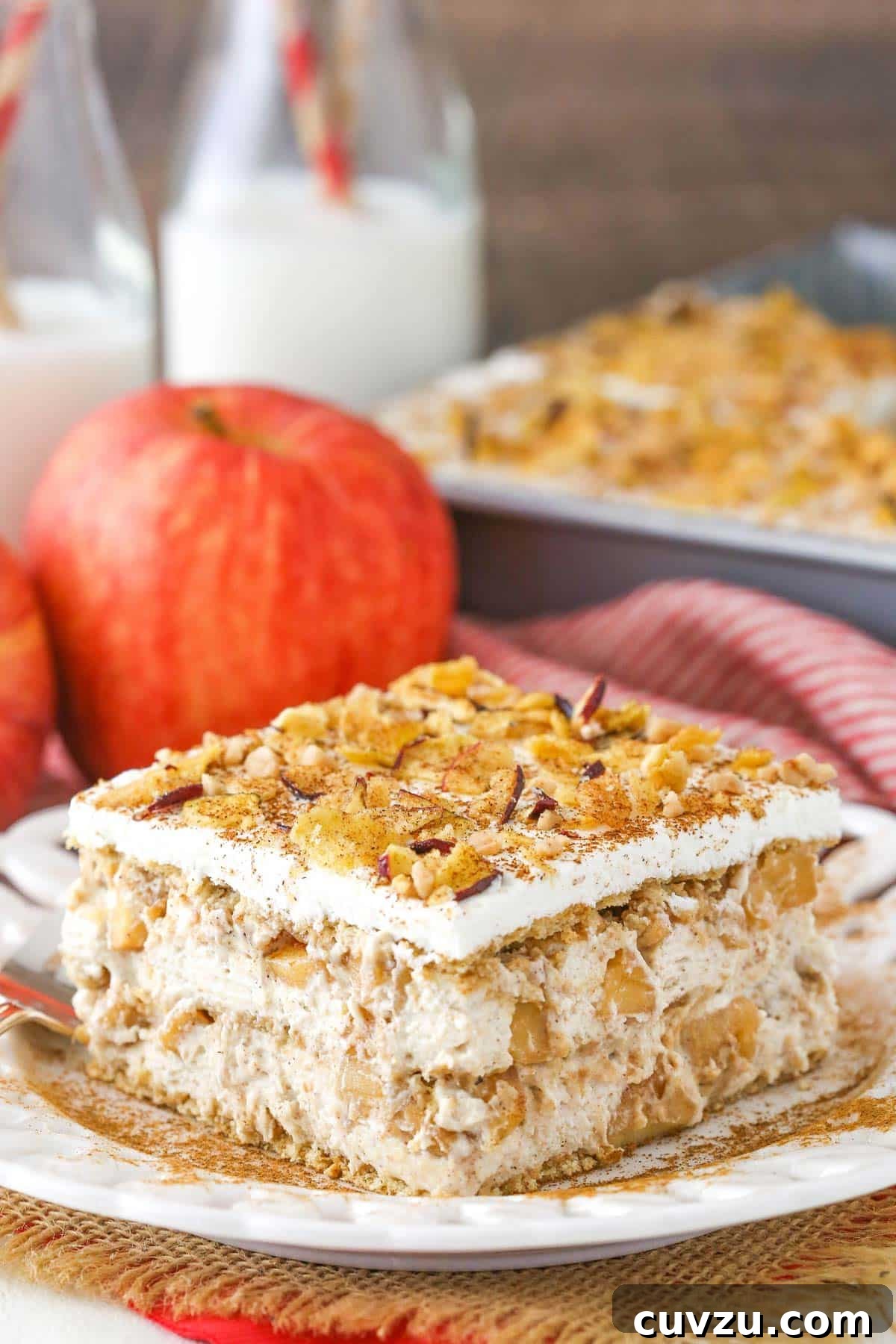 Spiced Apple No-Bake Delight 6 A perfectly portioned slice of Cinnamon Apple Icebox Cake, garnished, on a white plate.
