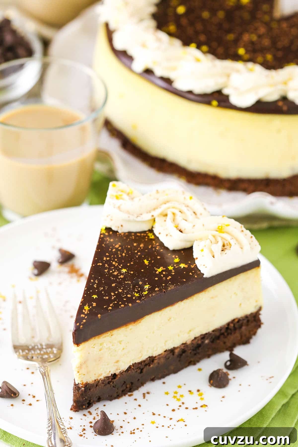 Layers of delight in a Baileys Brownie Cheesecake slice. A close-up of a single slice of Baileys Brownie Cheesecake, highlighting the thick brownie layer, creamy Baileys cheesecake, and luscious ganache, presented on a white plate.