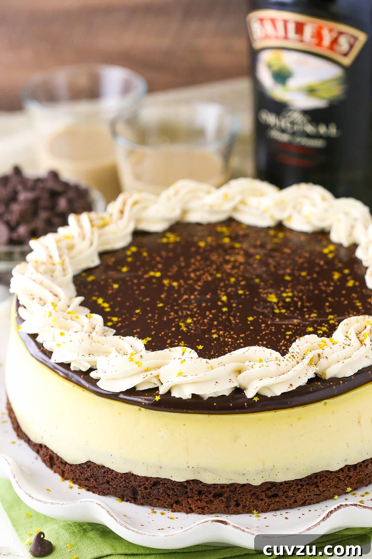The finished Baileys Brownie Cheesecake: A visual treat. A stunning full Baileys Brownie Cheesecake, garnished with elegant swirls of whipped cream and a sprinkle of cocoa, sitting on a white serving platter.
