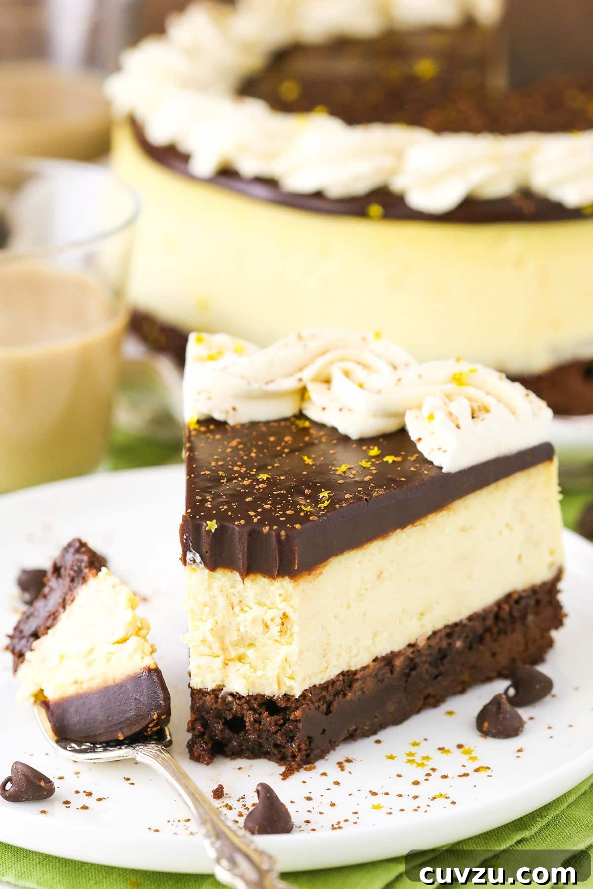 Enjoying a bite of Baileys Brownie Cheesecake. A close-up shot of a slice of Baileys Brownie Cheesecake with a bite taken, highlighting the texture and layers, next to a fork on a white plate.