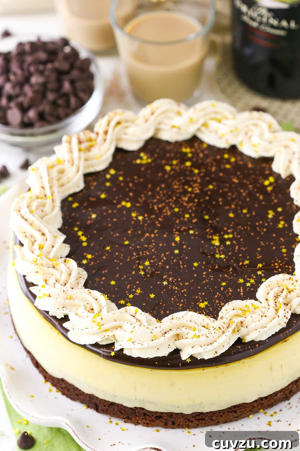 Overhead view: Baileys Brownie Cheesecake perfection. Another overhead perspective of the whole Baileys Brownie Cheesecake, expertly decorated and resting on a white platter, ready for slicing.