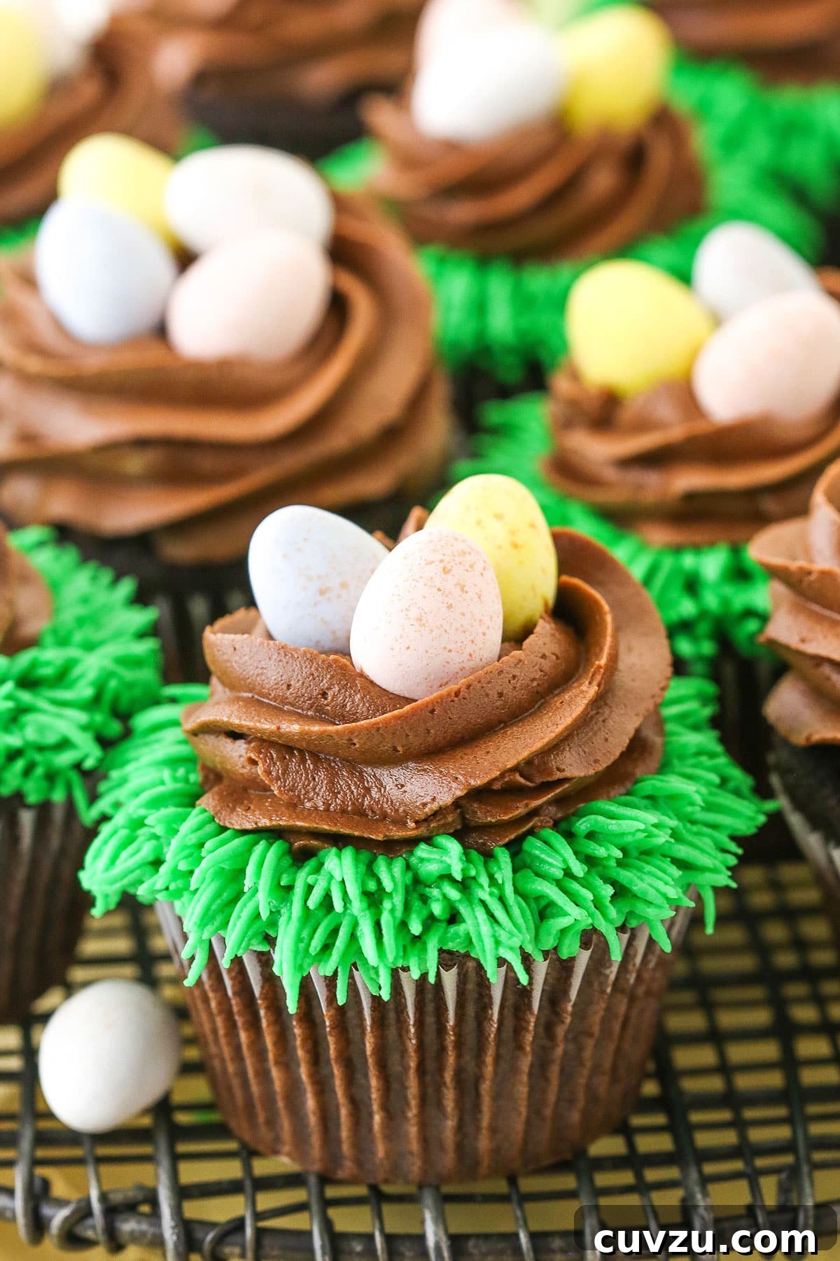 Irresistible Easter Egg Chocolate Cupcakes on Display Close-up view of Easter Egg Chocolate Cupcakes on a rustic gray wire cupcake stand, highlighting the rich chocolate frosting and vibrant candy eggs.