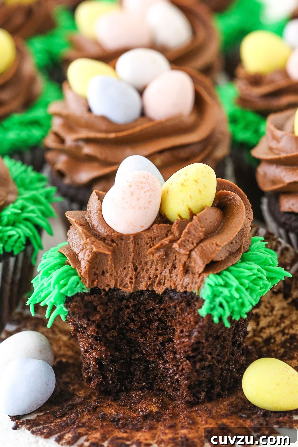 Bitten Easter Egg Chocolate Cupcake with Nest Design A delicious Easter Egg Chocolate Cupcake with a bite taken out, revealing its moist interior, surrounded by other beautifully decorated cupcakes.