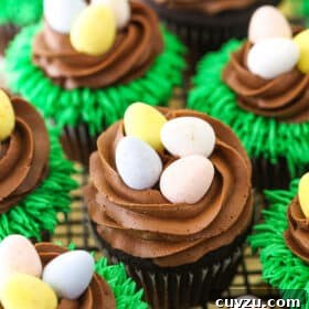 A close-up of an Easter Egg Chocolate Cupcake, beautifully decorated and ready to be served, highlighting its intricate details.