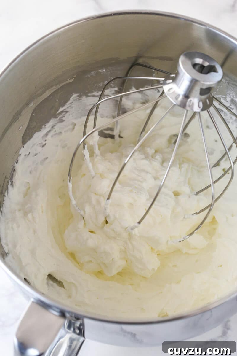 Whipping heavy cream, powdered sugar, and vanilla to stiff peaks for the no-bake cheesecake filling. Heavy whipping cream, powdered sugar, and vanilla extract being whipped to stiff peaks in a separate mixer bowl, preparing the light and airy component for the cheesecake filling.