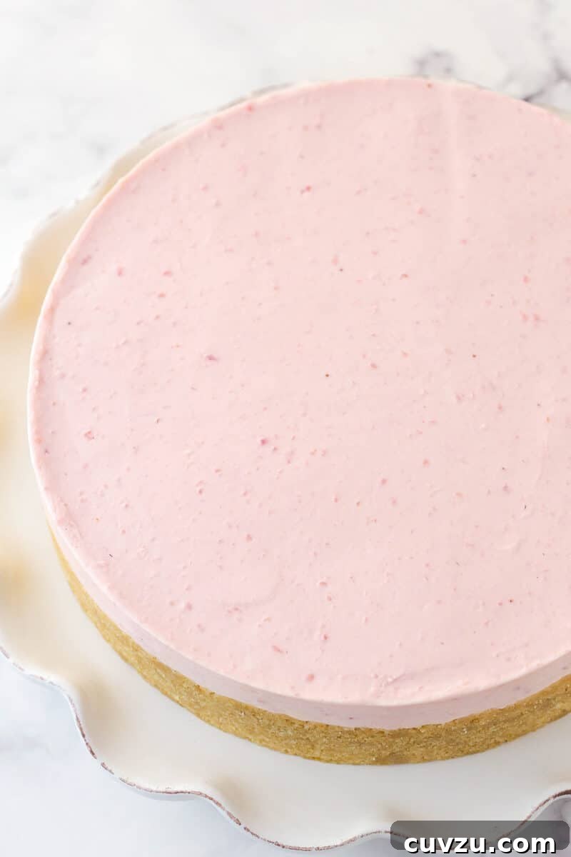 A fully set no-bake strawberry cheesecake, removed from the pan and ready for topping. An undecorated no-bake strawberry cheesecake, recently removed from its springform pan, sitting on a clean serving platter, showcasing its perfectly set shape before the final garnishes are added.