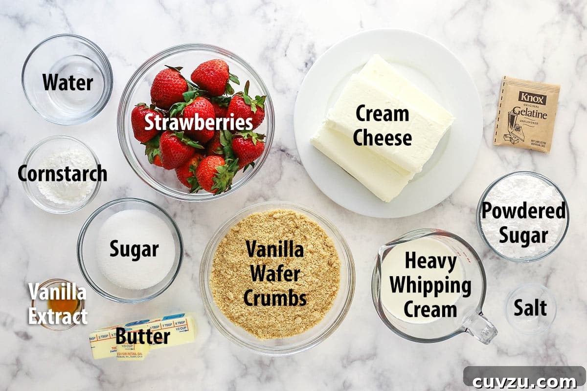 Ingredients for a no-bake strawberry cheesecake, including a buttery vanilla wafer crust, a creamy strawberry filling, and homemade whipped cream, laid out for an easy assembly process. Various ingredients for a no-bake strawberry cheesecake neatly arranged in separate bowls on a wooden surface, including vanilla wafers, fresh strawberries, cream cheese, and heavy cream, showcasing the fresh components ready for preparation.