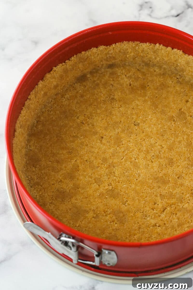 The vanilla wafer crust is pressed evenly into a springform pan, awaiting the no-bake strawberry cheesecake filling. A perfectly formed vanilla wafer crust pressed into a 9-inch springform pan, showing the base ready to receive the creamy strawberry filling, demonstrating the neat preparation of the crust.