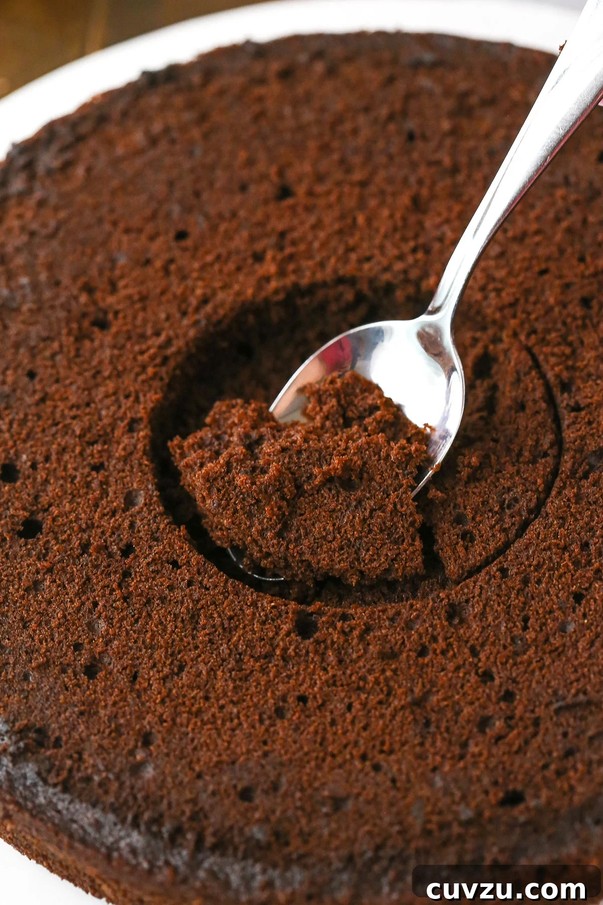 Candy Burst Chocolate Confection 6 A step in making Chocolate Piñata Cake using a spoon to dig out the hole in the middle of each layer.