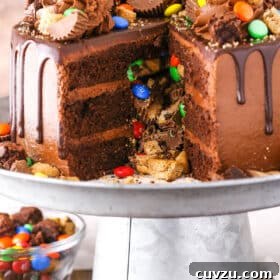 Side view of a Chocolate Piñata Cake with a slice removed on a gray cake stand