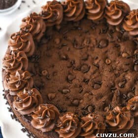 Triple Chocolate Cookie Delight 2 Overhead image of chocolate cookie cake on a serving platter.