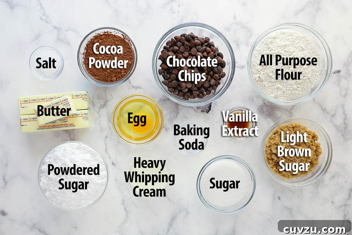 Gather your ingredients for a delicious Triple Chocolate Cookie Cake. A curated display of all the fresh ingredients required to bake the Triple Chocolate Cookie Cake, neatly arranged on a kitchen counter.