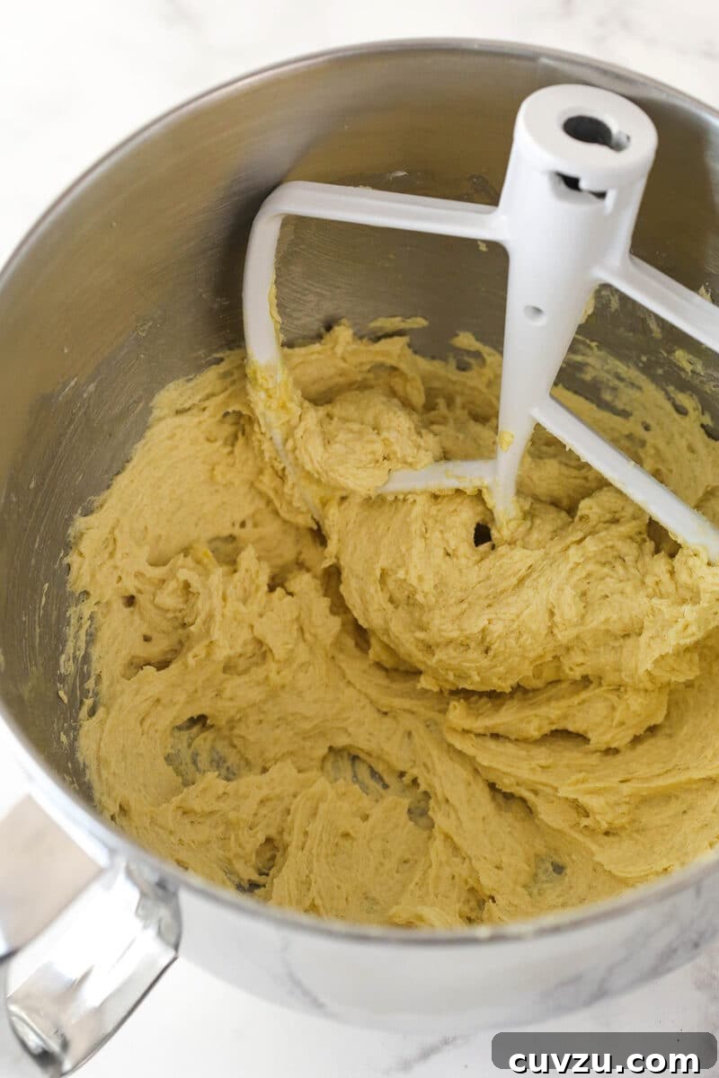Mix in egg and vanilla for rich flavor. Adding an egg and vanilla extract into the creamed butter and sugar mixture, ready for mixing.