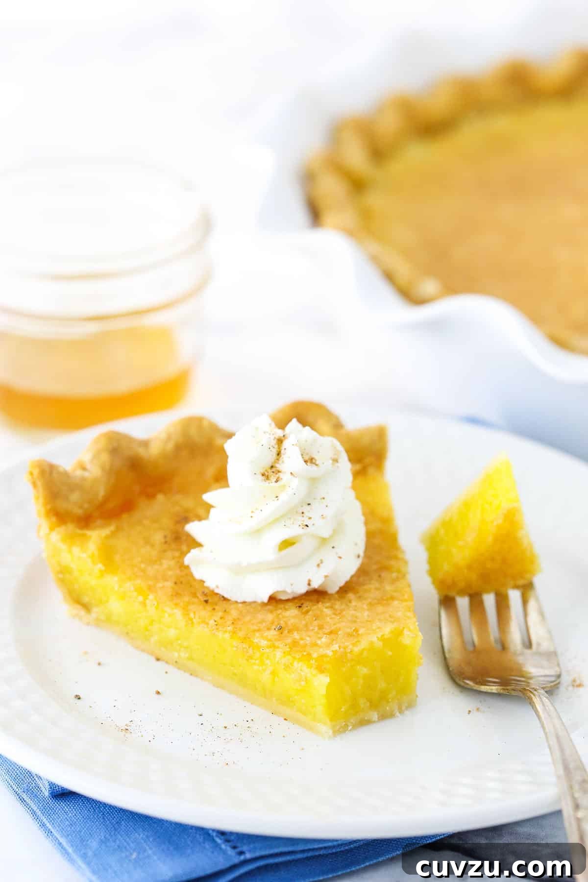 An appetizing view of a Vinegar Pie slice, revealing its creamy interior and luscious topping. A slice of Vinegar Pie, topped with a swirl of whipped cream, with a bite taken out, on a white plate with a fork beside it.
