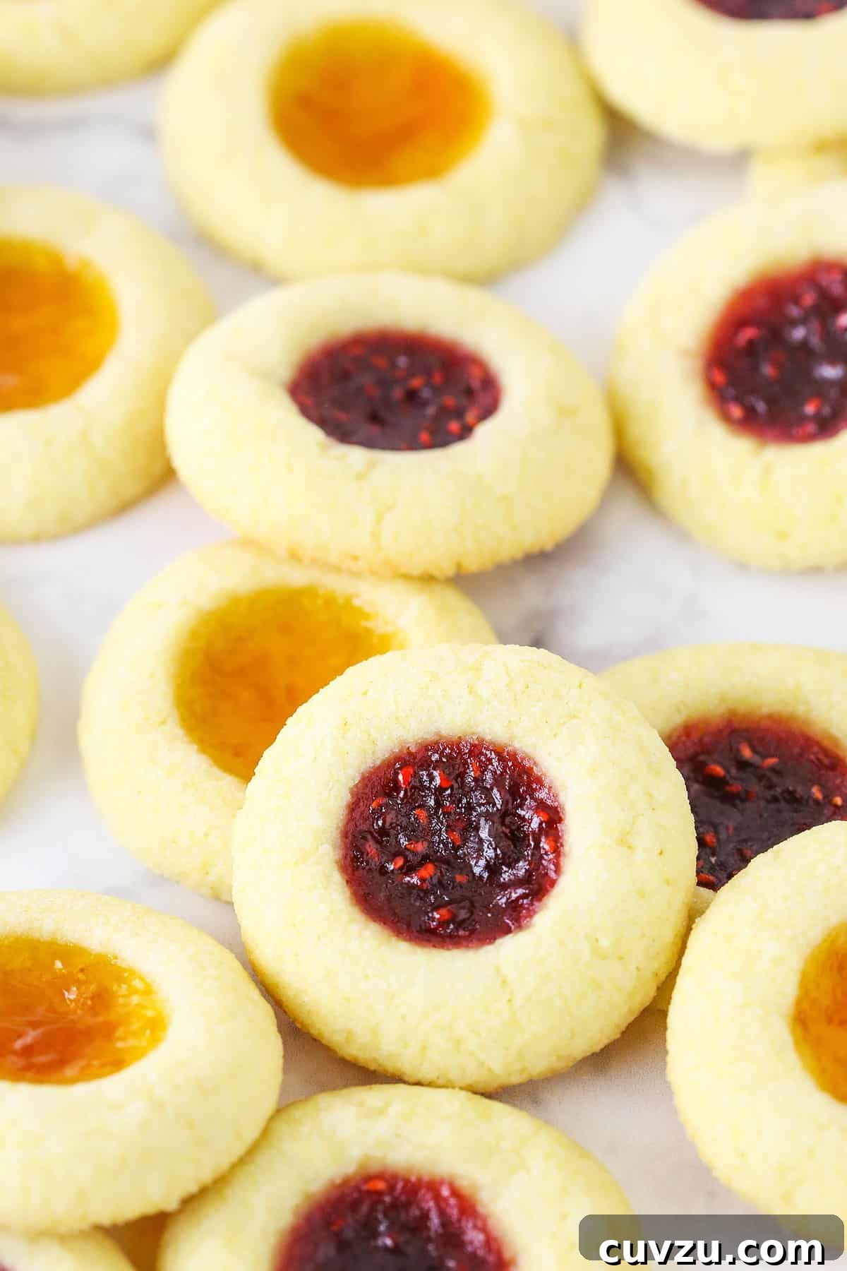 These classic thumbprint cookies are soft and chewy, filled with your favorite jam or preserves. Perfect for Christmas and easy to make! Close up of jam thumbprint cookies on a countertop.