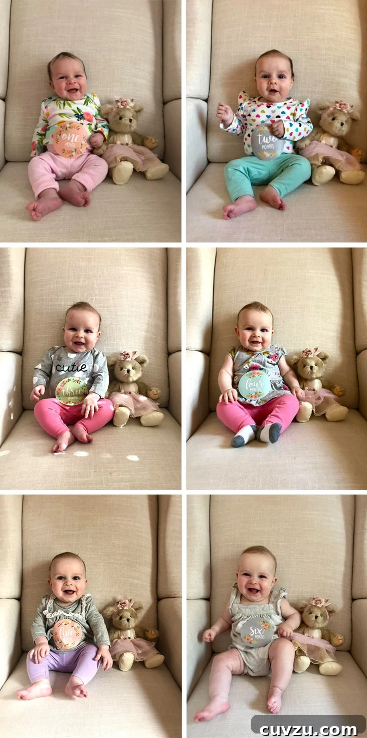 McKenzie's Seven-Month Adventure 11 A collage of McKenzie's monthly photos, from month one through six, showing her growth