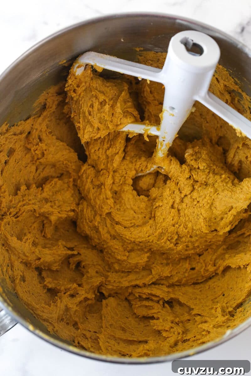 Pillowy Pumpkin Delights 7 Mixing the wet and dry ingredients for pumpkin cookie dough.