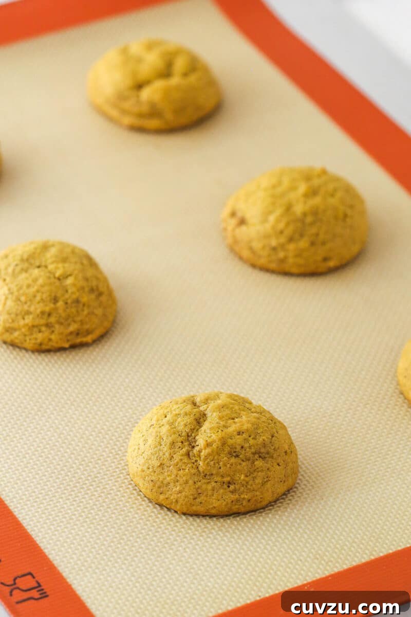 Pillowy Pumpkin Delights 9 Freshly baked pumpkin cookies cooling on a baking sheet.