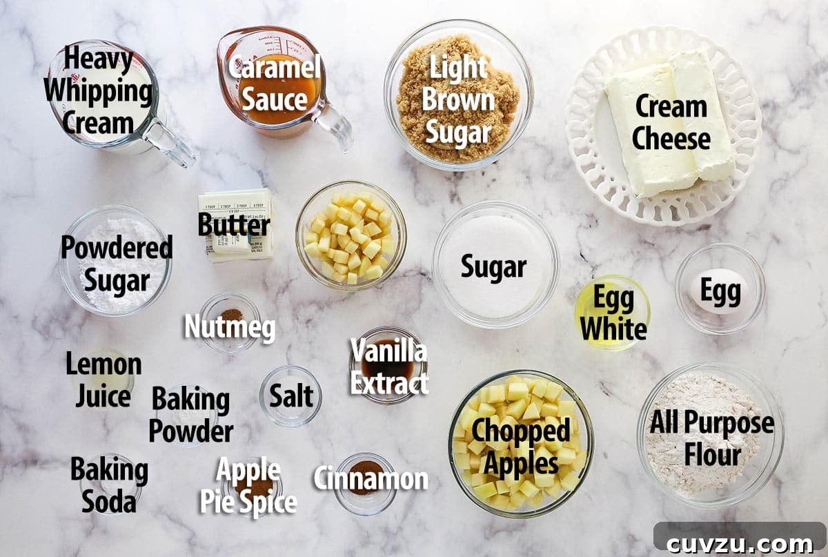 Decadent Caramel Apple Blondie Cheesecake 3 A flat lay of ingredients needed for Caramel Apple Blondie Cheesecake, neatly arranged with text labels.