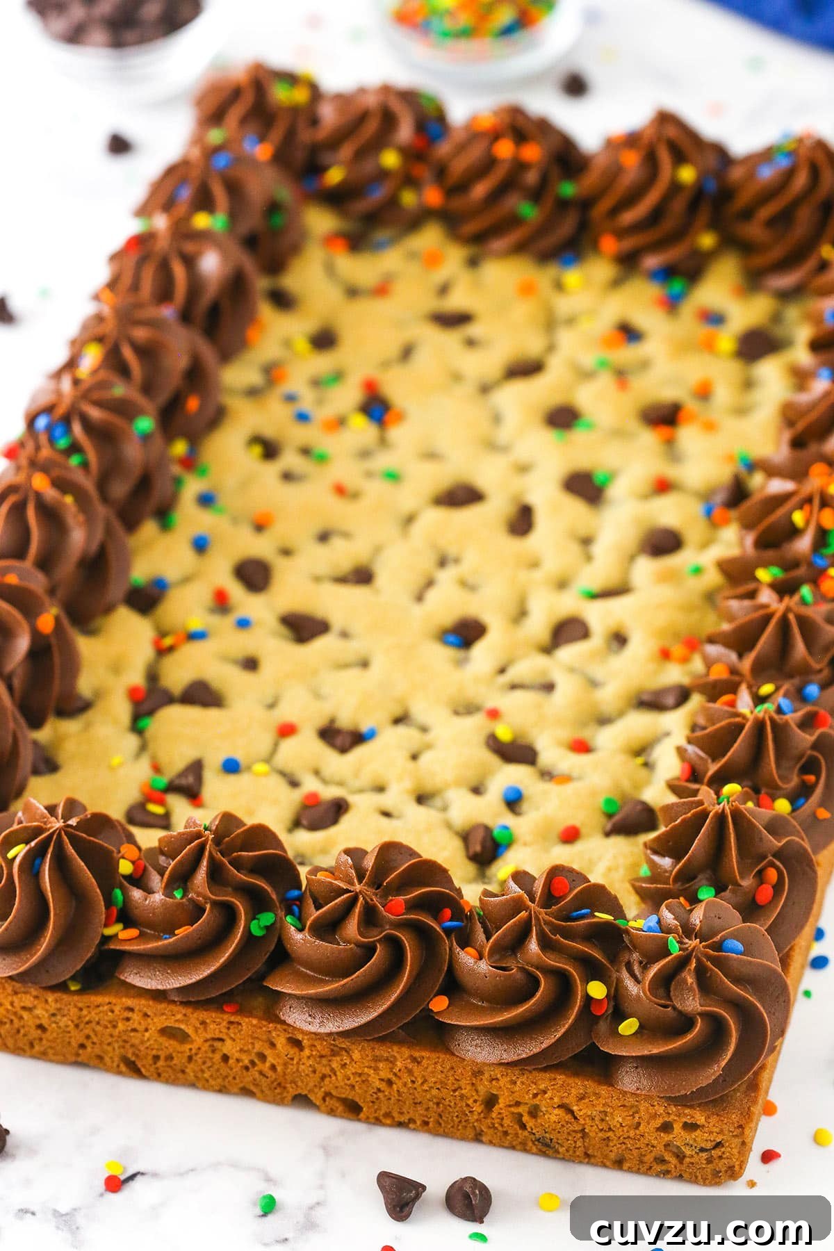 This easy Sheet Pan Cookie Cake features loads of chocolate chips and a rim of creamy chocolate frosting. It's perfect for feeding a crowd! A chocolate chip cookie cake topped with swirls of chocolate frosting around the perimeter