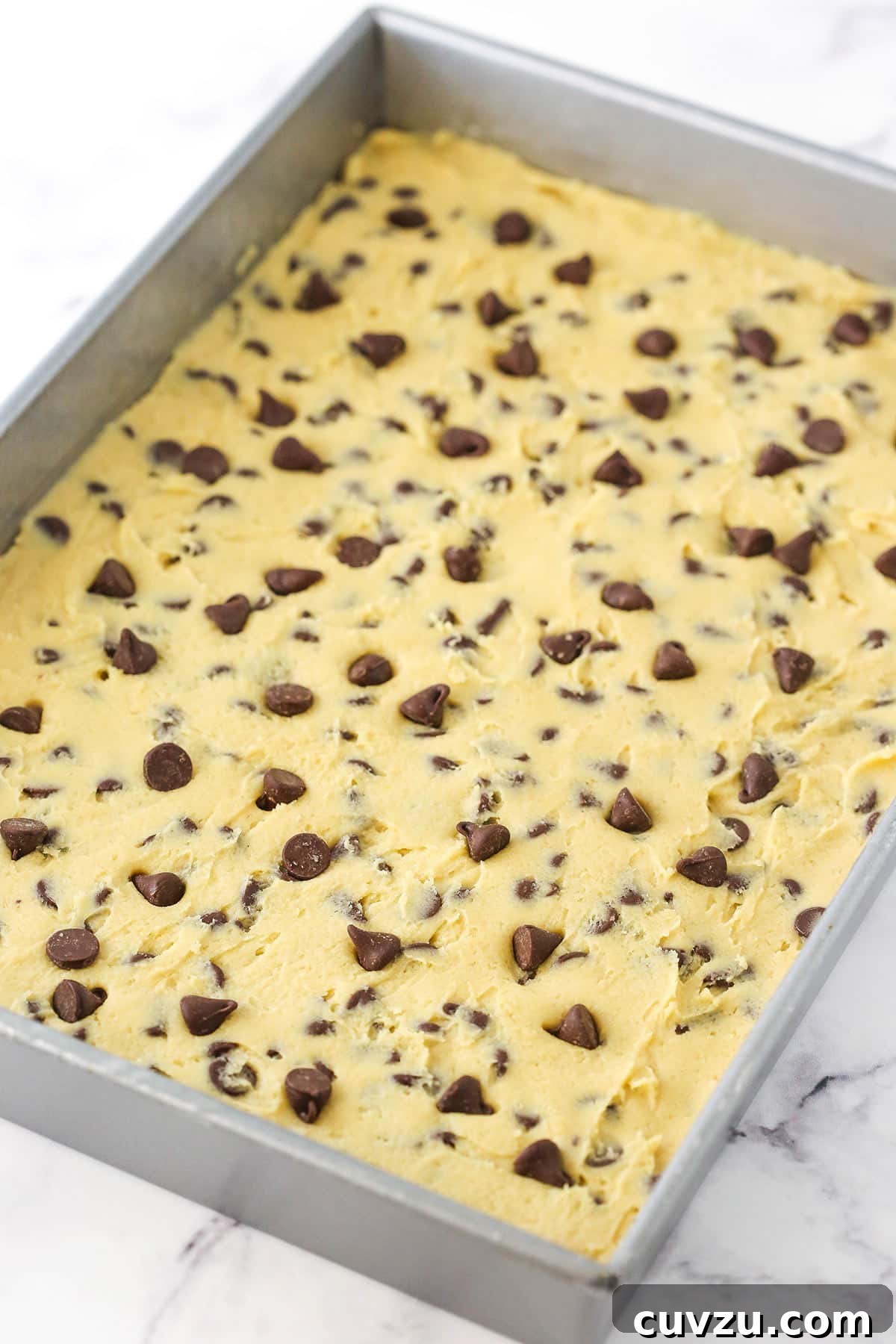 This easy Sheet Pan Cookie Cake features loads of chocolate chips and a rim of creamy chocolate frosting. It's perfect for feeding a crowd! Chocolate chip cookie dough spread into a silver sheet pan