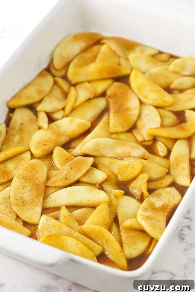 Filled with a sweet, melt-in-your-mouth cinnamon apple filling, this light and fluffy apple cobbler is truly the stuff dreams are made of! The pre-cooked filling layered evenly into a large white casserole dish.