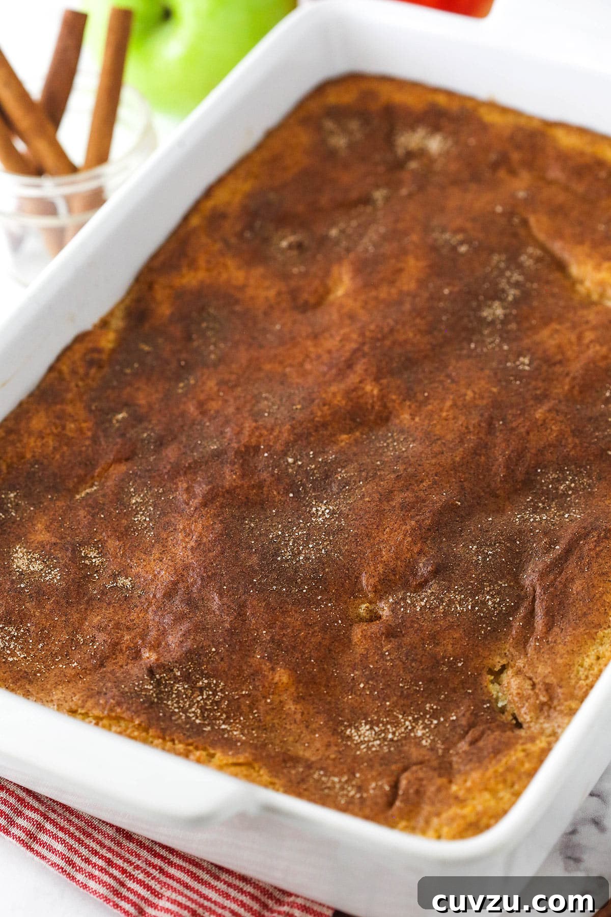 Filled with a sweet, melt-in-your-mouth cinnamon apple filling, this light and fluffy apple cobbler is truly the stuff dreams are made of! An apple cobbler in a baking dish with a jar of cinnamon sticks behind it.