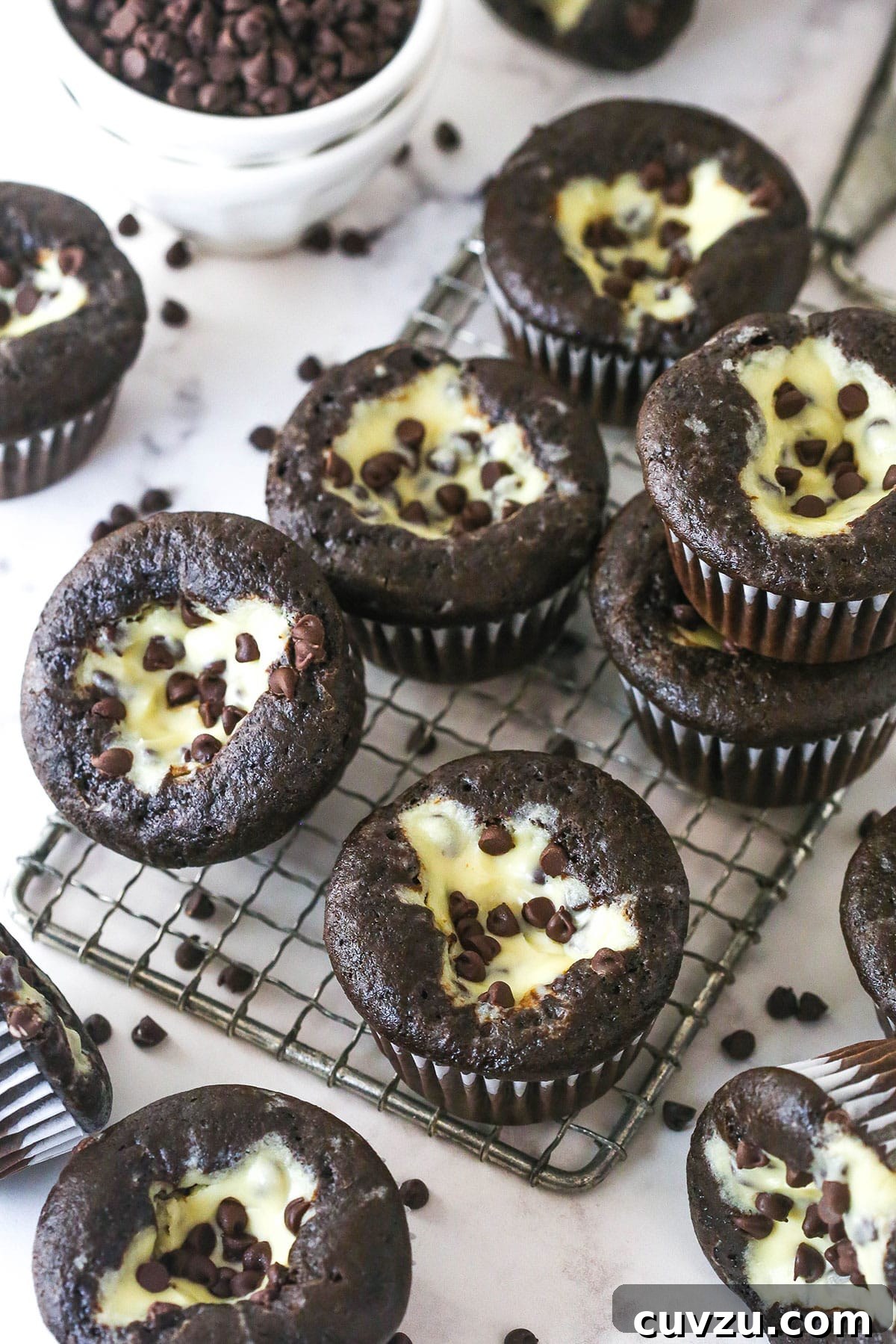 These Black Bottom Cupcakes combine two desserts in one with a rich chocolate cupcake and a creamy chocolate chip cheesecake filling. Overhead view of Black bottom cupcakes on a wire rack