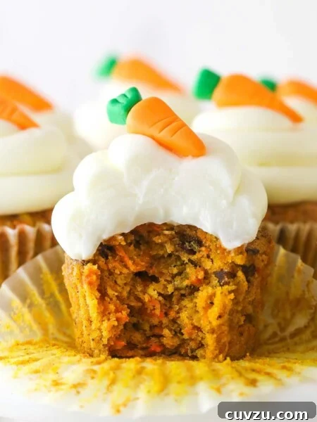 Decadent Black Bottom Cupcakes Recipe — Easy, Gooey Chocolate Centers 4 A carrot cake cupcake with a bite taken out of it.