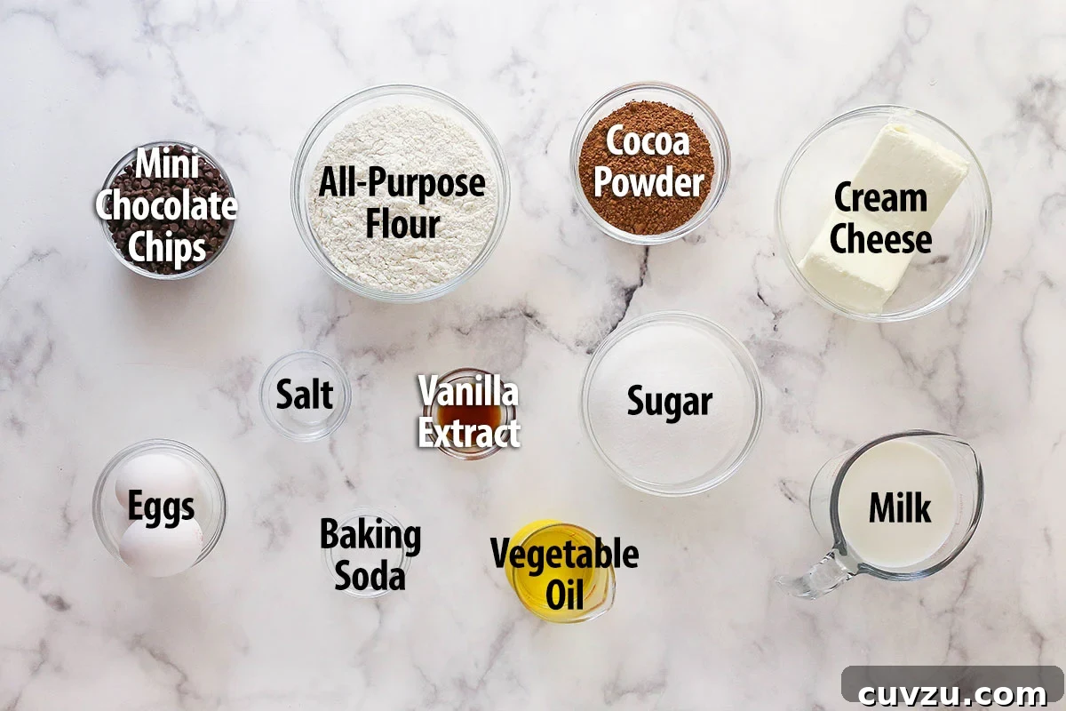 These Black Bottom Cupcakes combine two desserts in one with a rich chocolate cupcake and a creamy chocolate chip cheesecake filling. Overhead view of ingredients necessary to make black bottom cupcakes
