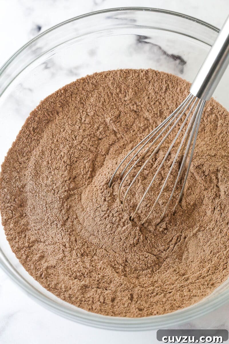 These Black Bottom Cupcakes combine two desserts in one with a rich chocolate cupcake and a creamy chocolate chip cheesecake filling. Whisking dry cupcake ingredients together