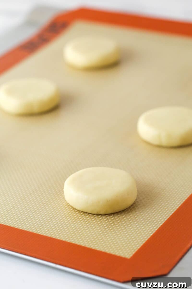 Portion dough onto sheet Sugar cookie dough pressed into circles on a baking sheet