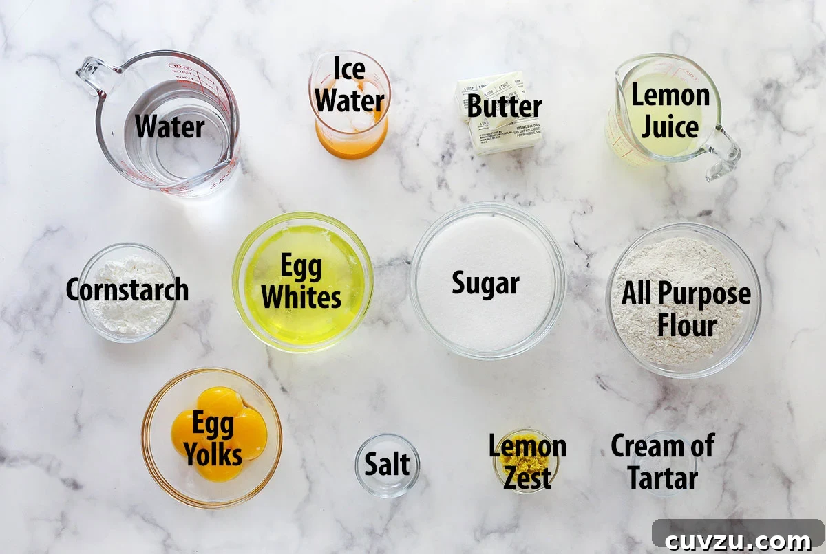 This classic lemon meringue pie features a tart lemon filling in a buttery crust topped with a light but stable meringue. Overhead view of ingredients needed to make lemon meringue pie