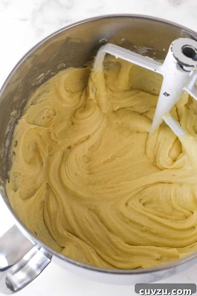 Cake batter in a mixing bowl