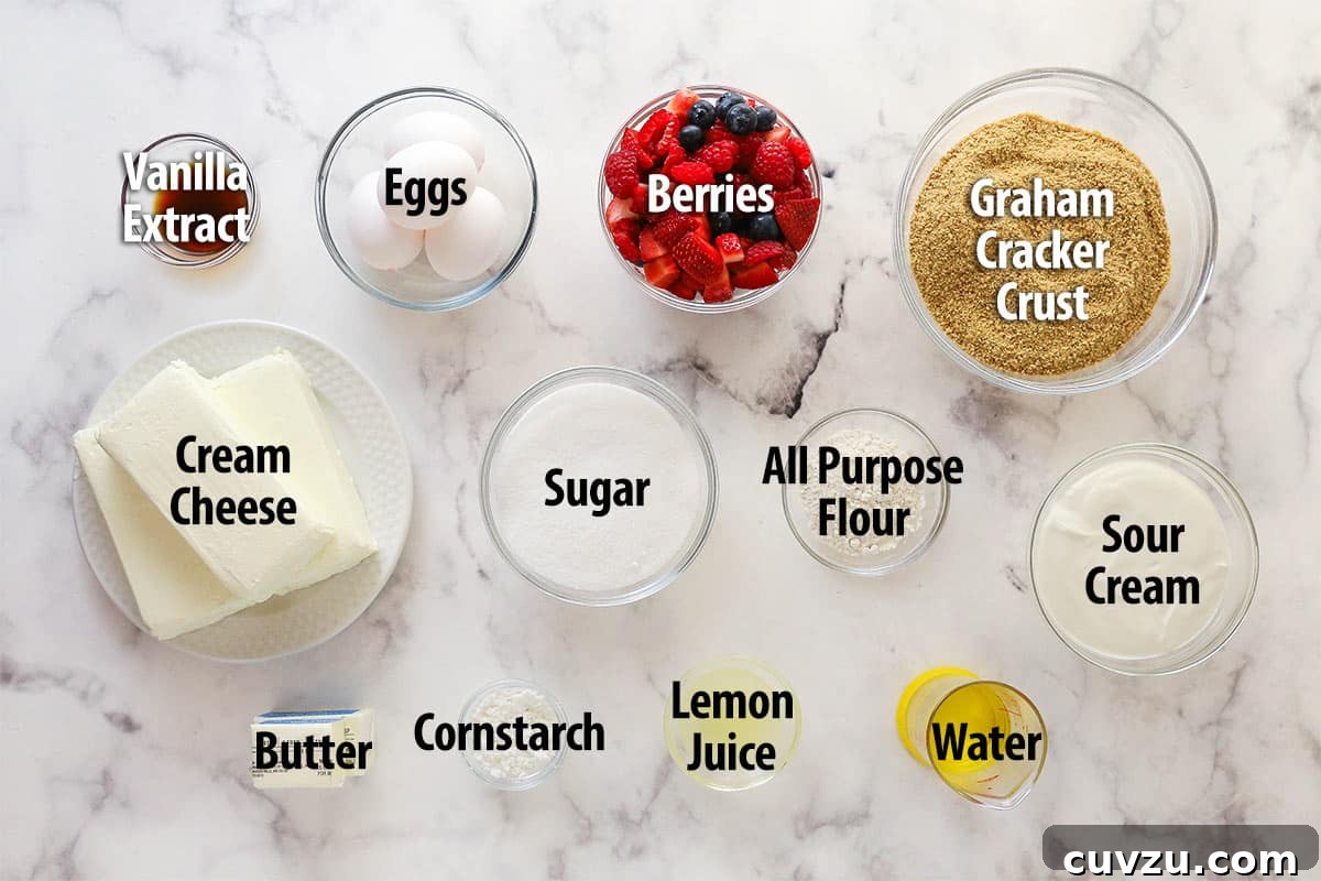 Triple Berry Cheesecake Recipe with Fresh Mixed Berries 4 Overhead view of ingredients needed to make triple berry cheesecake